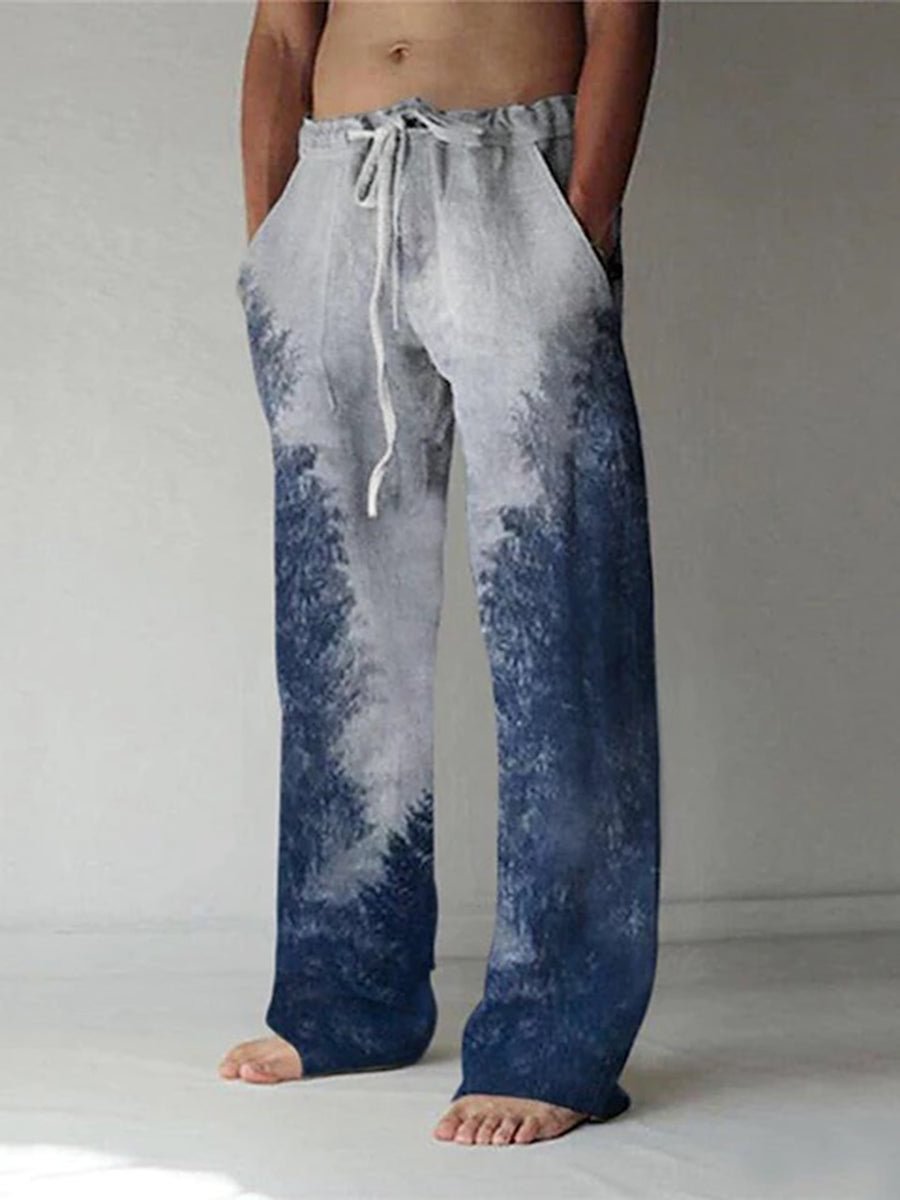 Men's Ethnic Style Plant Blue Printed Cotton and Linen Casual Pants
