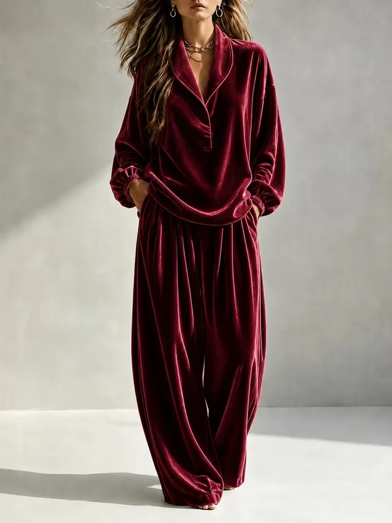 Women's Lapel Long Sleeve Top & Wide Leg Pants Loungewear Set