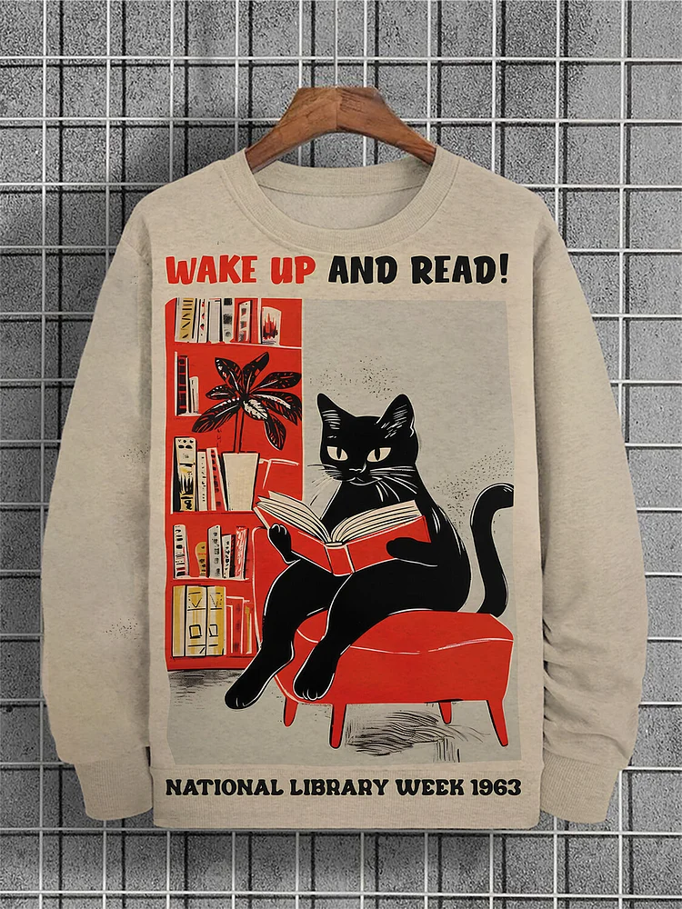 Men's Reading Lover Cat Illustration Print Casual Sweatshirt