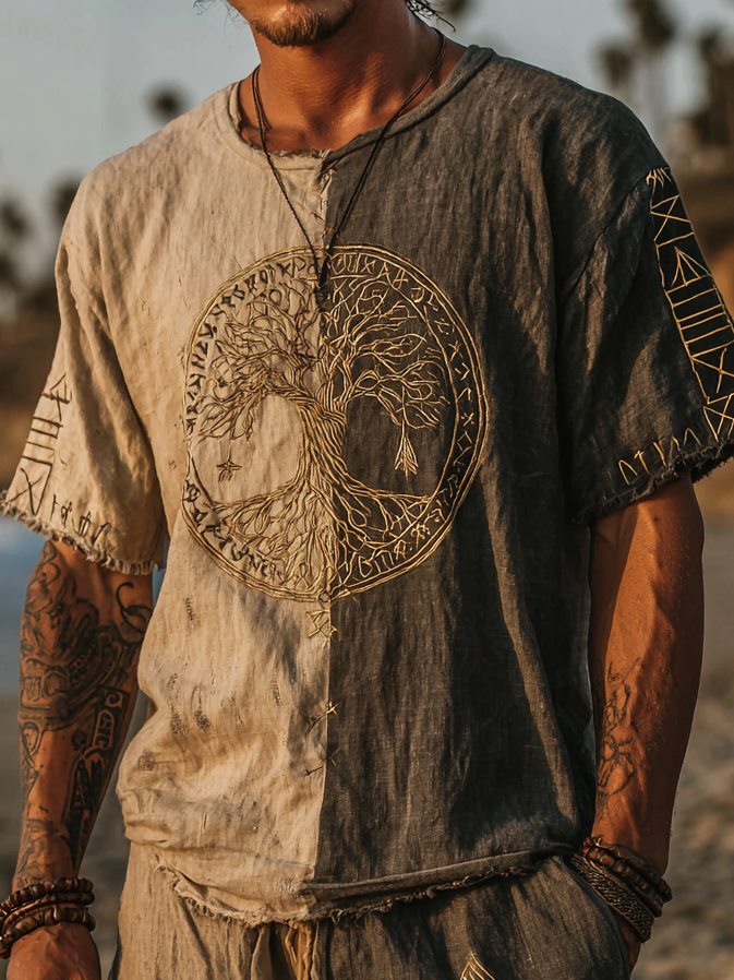 Men's Vintage Coastal Two-Tone Linen T-Shirt – Tree Of Life Design / Rvogue / Rvogue