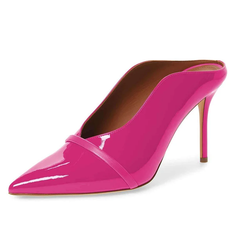 Hot Pink Pointed Toe Patent Leather Mules Stiletto Heels |FSJ Shoes