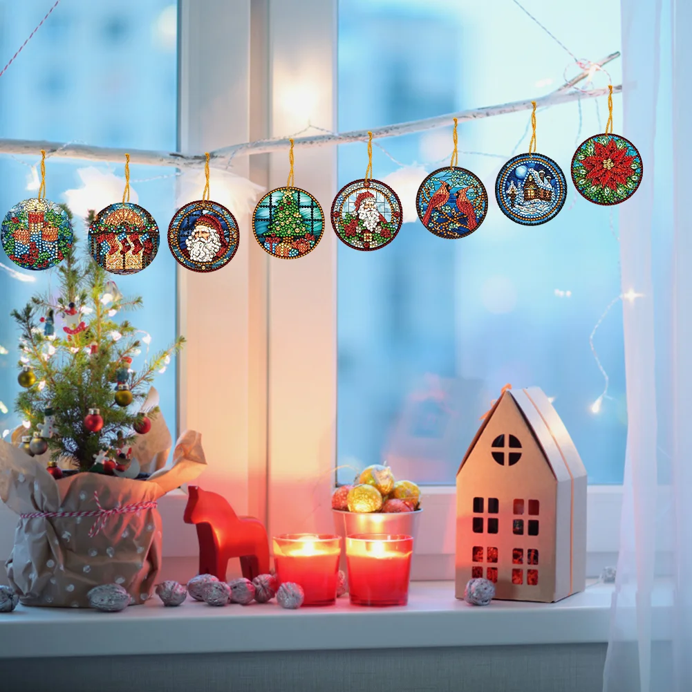 8pcs DIY Christmas Acrylic Single-Sided Small Diamond Painting Hanging Pendant 