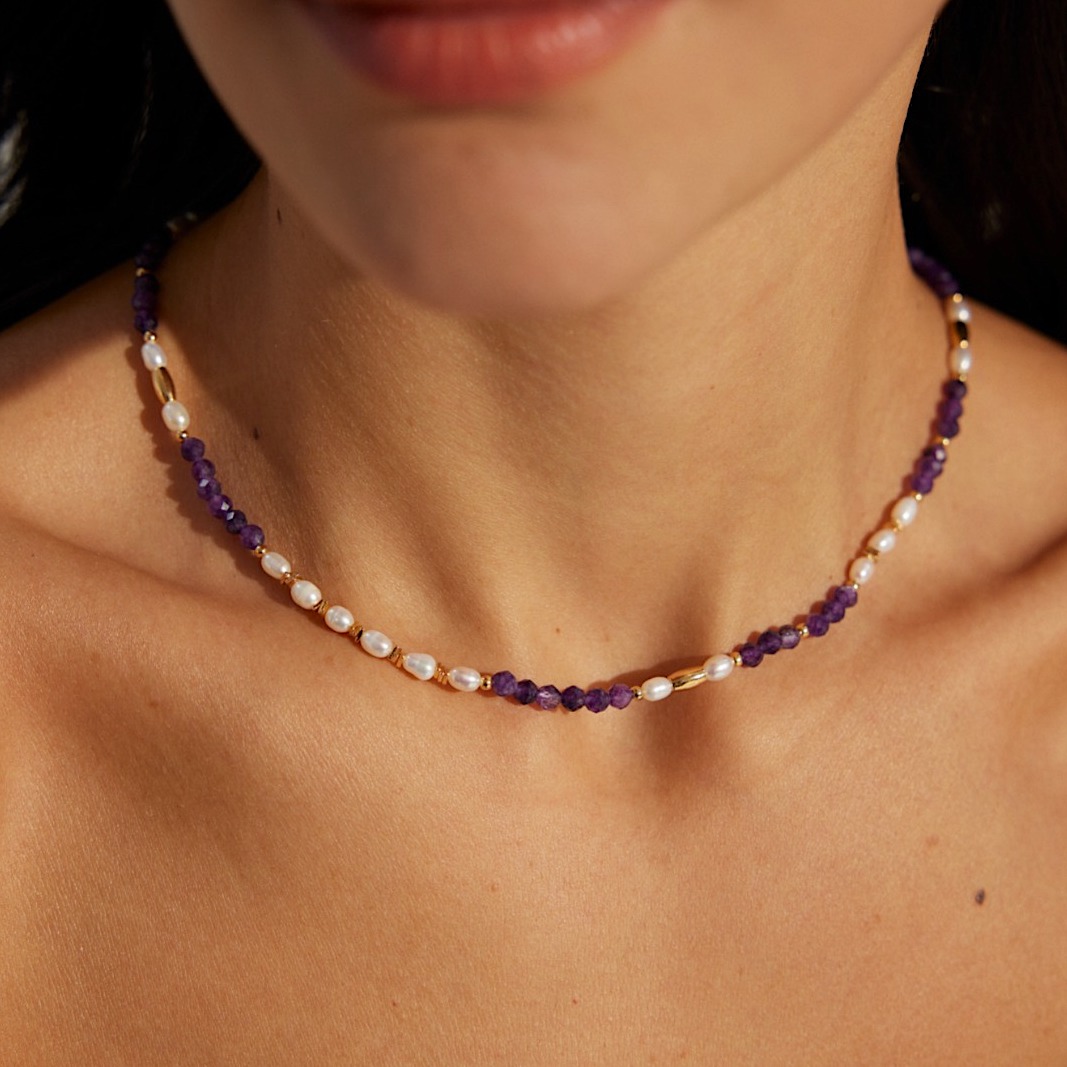 Amethyst Pearl Gold Plated Beaded Necklace