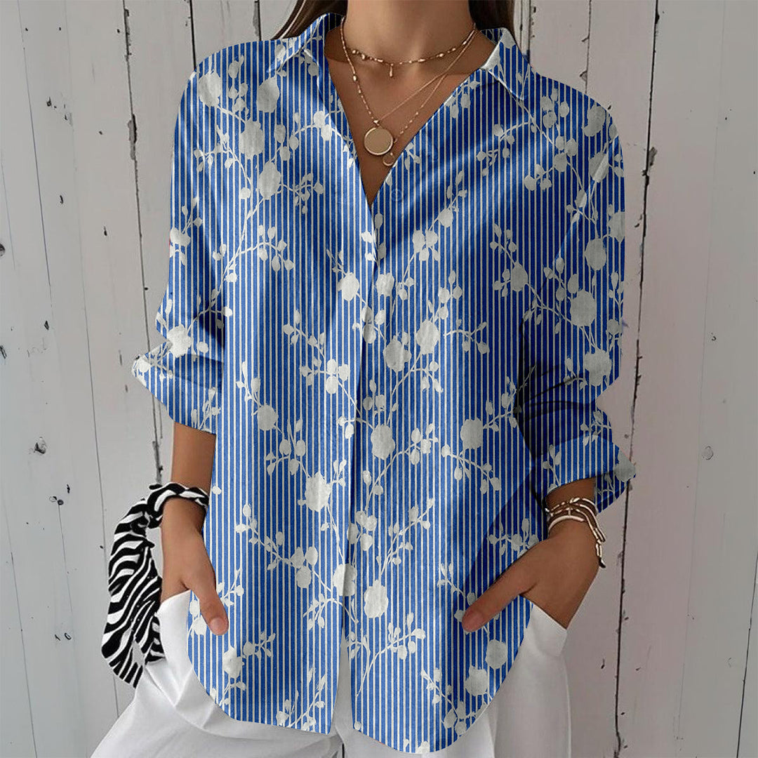 Women Long Sleeve V-neck Graphic Floral Printed Top