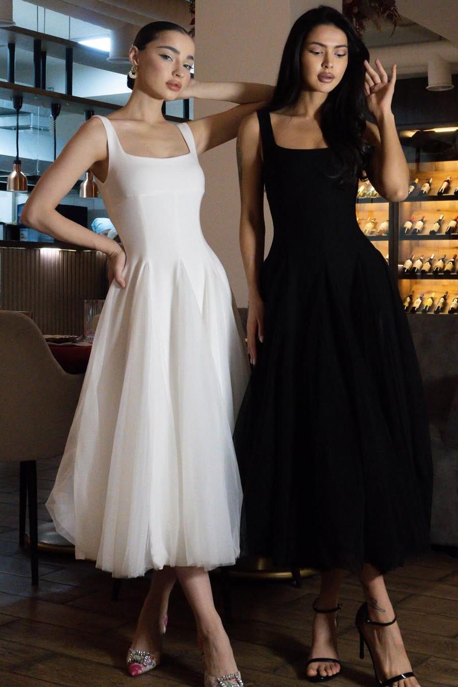 Oknass White Square Neck Straps Sleeveless Long Prom Dress With Tulle