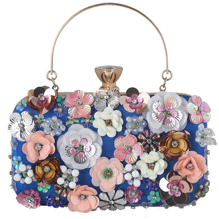 Banquet Fashion Flower Lock Metallic Clutch Bag-Blue