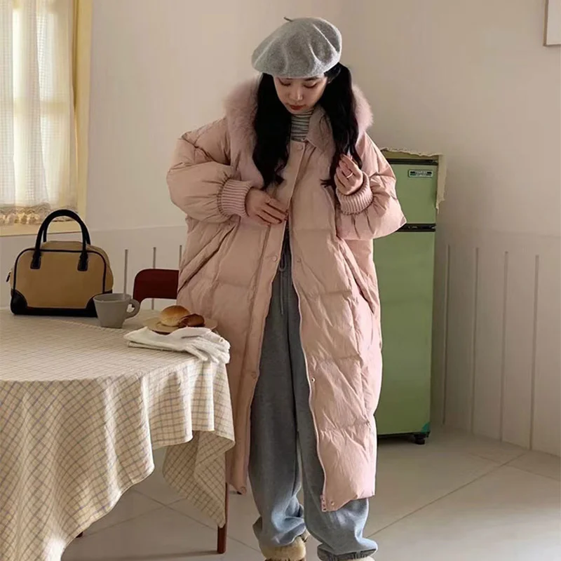 Toloer Large Version Down Jacket Female Long Model 2024 Winter New Fox Fur Collar Hooded Thick Sweet White Duck Velvet Coat-Outfit Ideas
