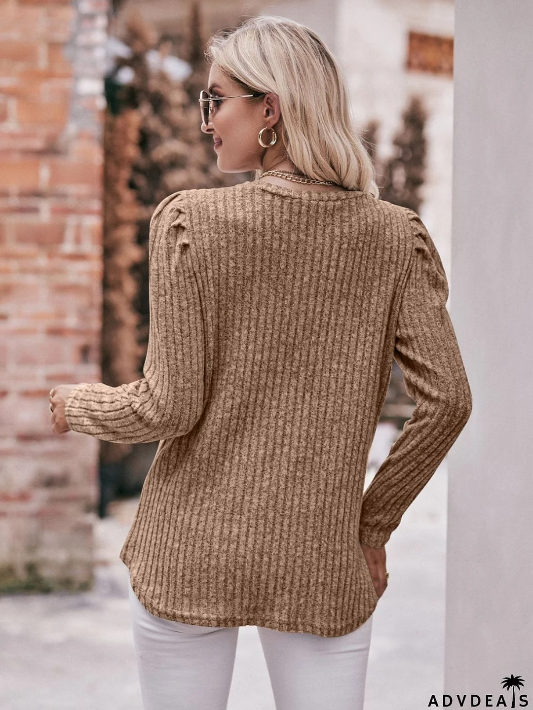 Double Take Round Neck Puff Sleeve Ribbed Top