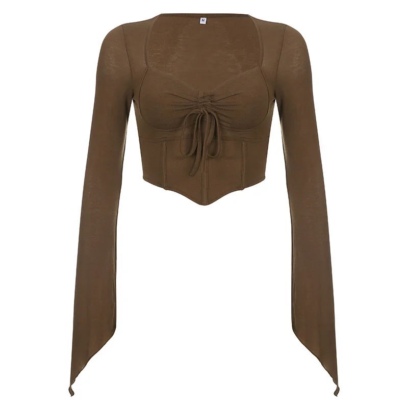 Ueong Autumn / Winter Women's Wear Ins Trend Brand Online Celebrity Hot Girl Hanging Neck Fishbone Square Collar Sexy Navel Revealing Thin T-Shirt Woman