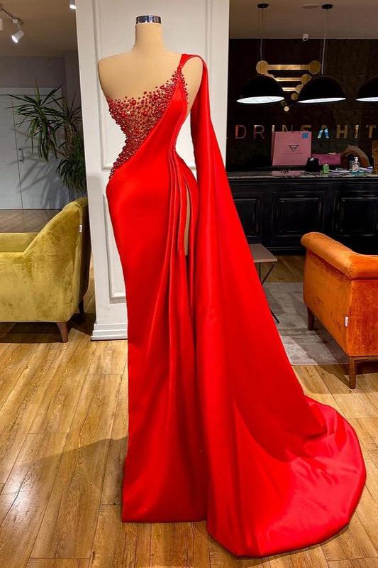 Bellasprom Red Beadings Prom Dress Long With Slit One Shoulder Bellasprom