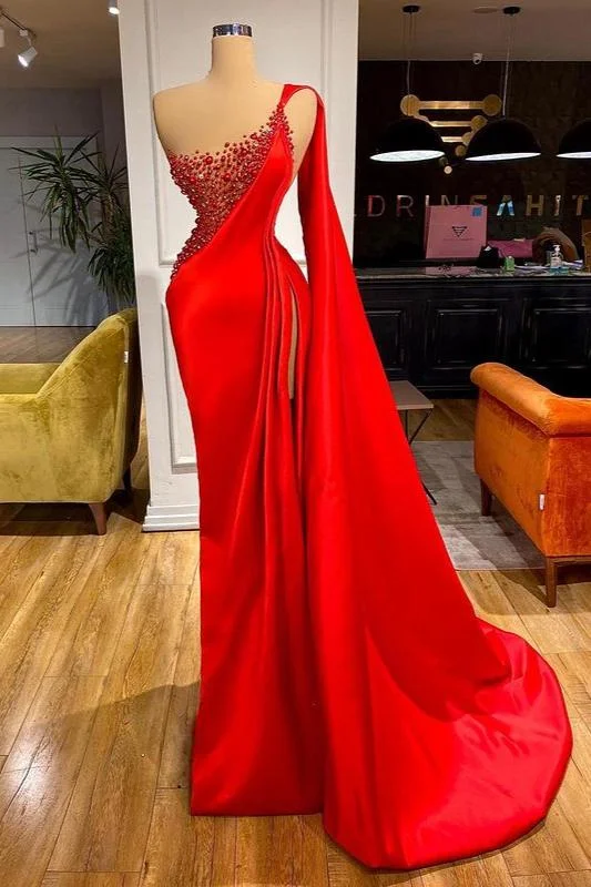 Red One Shoulder Beadings Prom Dress Long With Slit - lulusllly