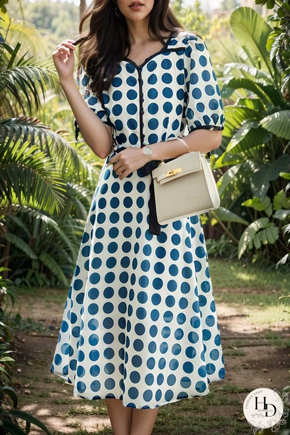 stylish printed high waist polka dot midi dress