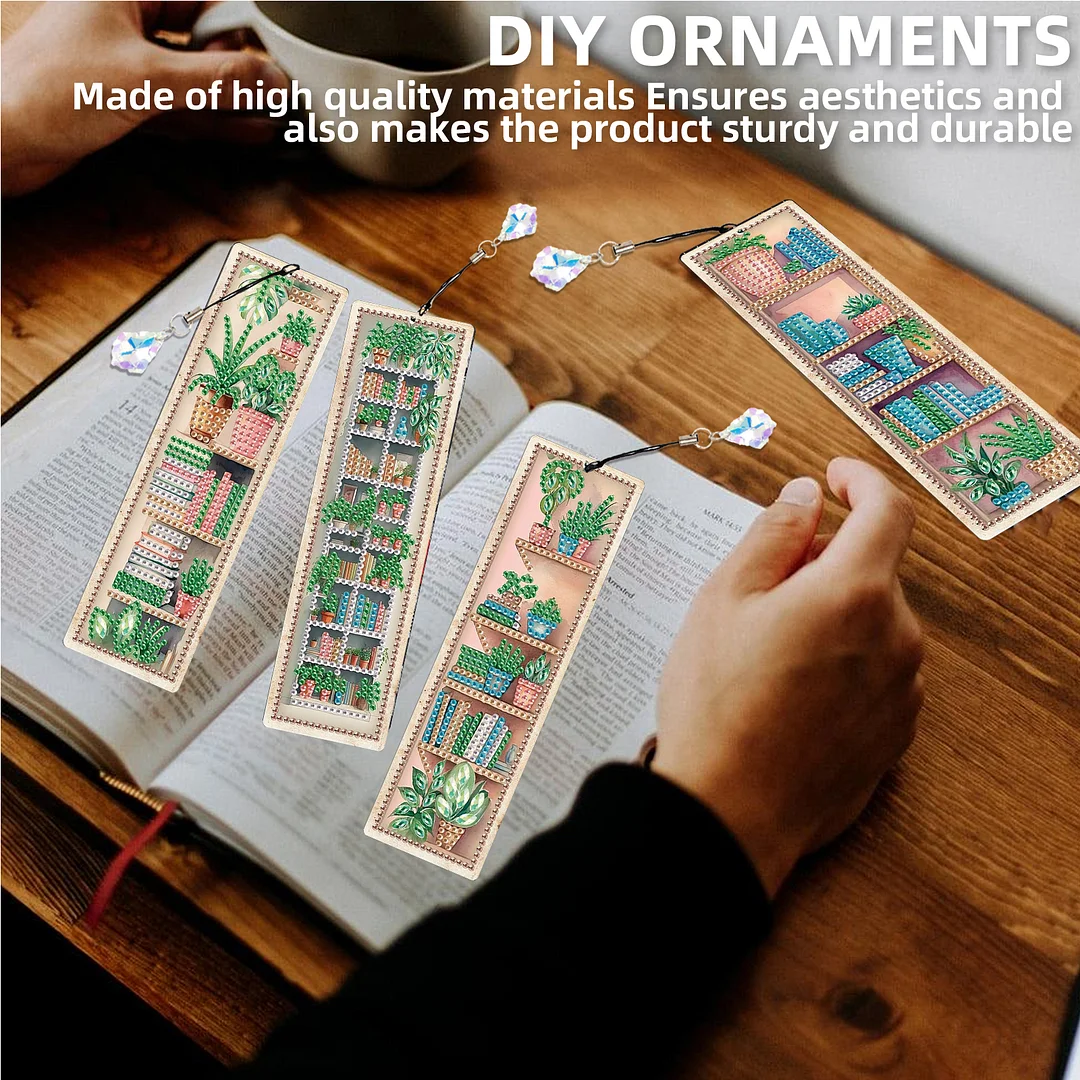4Pcs Plant DIY Diamond Painting Bookmark Special Shaped Diamond Art Bookmark with Pendant Home Office Supplies Gift for Book Lovers