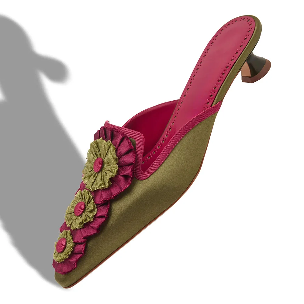 Olive Satin Pointed Toe Kitten Heel Women's Mules Shoes with Floral