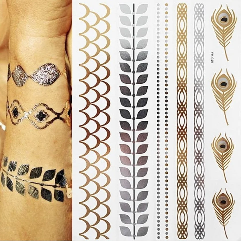 Flash Metallic Waterproof Temporary Tattoo Gold Silver Tatoo Women Henna Mandala Flower Lace Taty Indian Arabic Tattoo Sticker