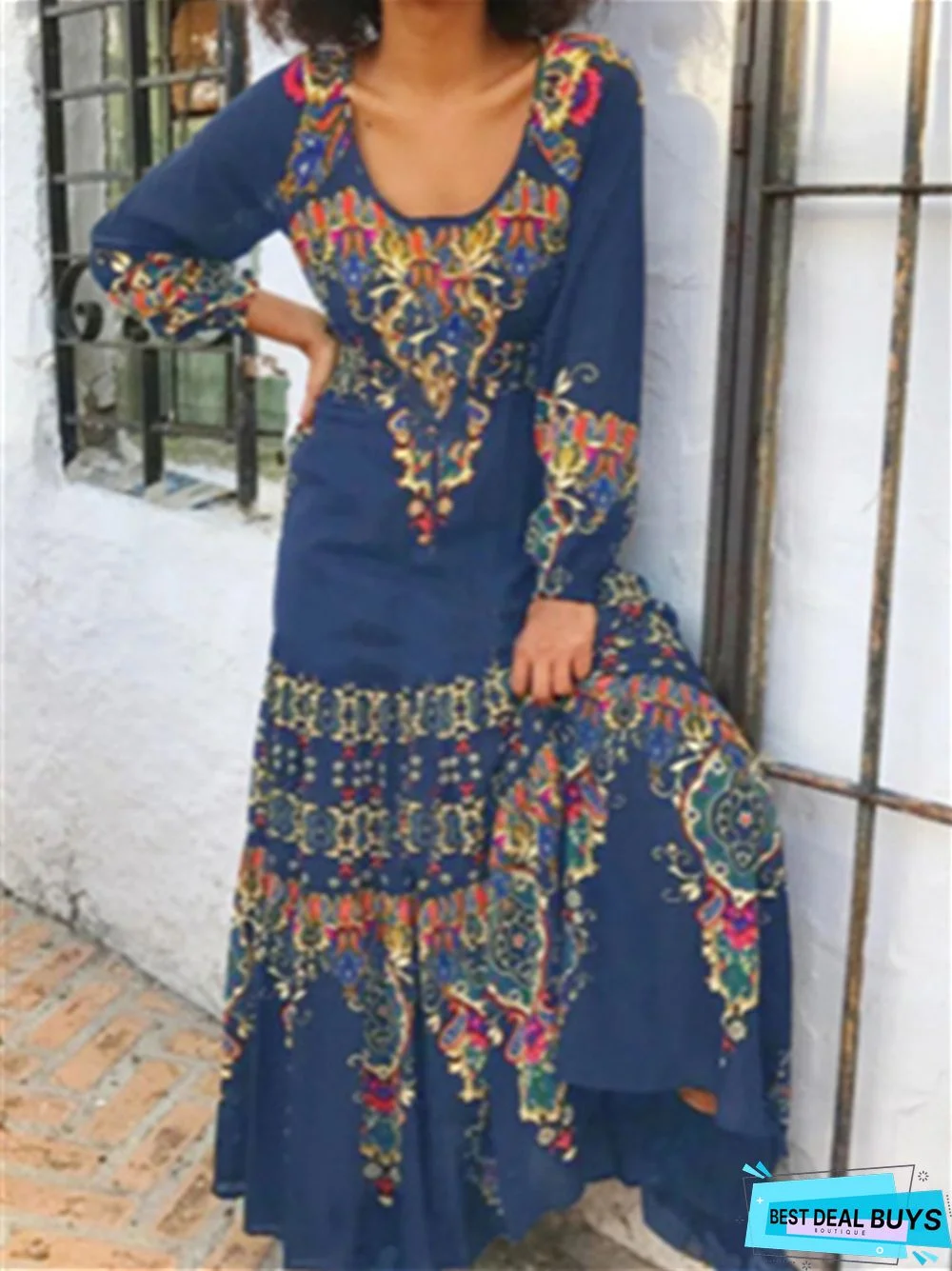 Spring and Summer Printed Round Neck Long Stitched Long Sleeved Dress