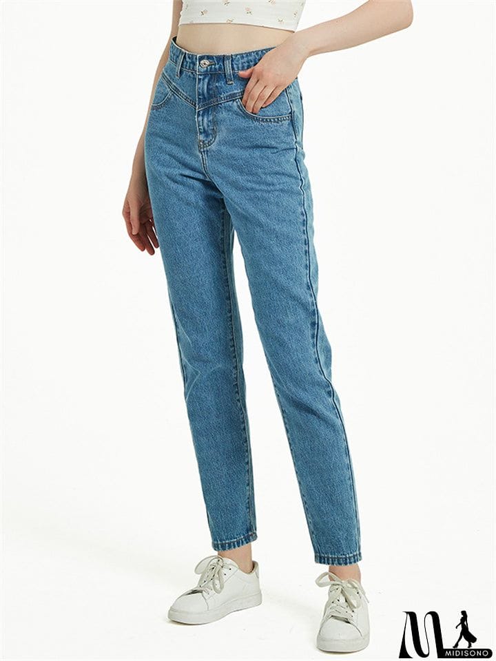 MidiSono - Daily Casual Style Washed Effect Slim Fit Harem Pants Denim Jeans for Women