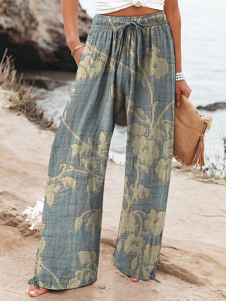 Women's Vintage Floral Art Printed Cotton And Linen Casual Pants