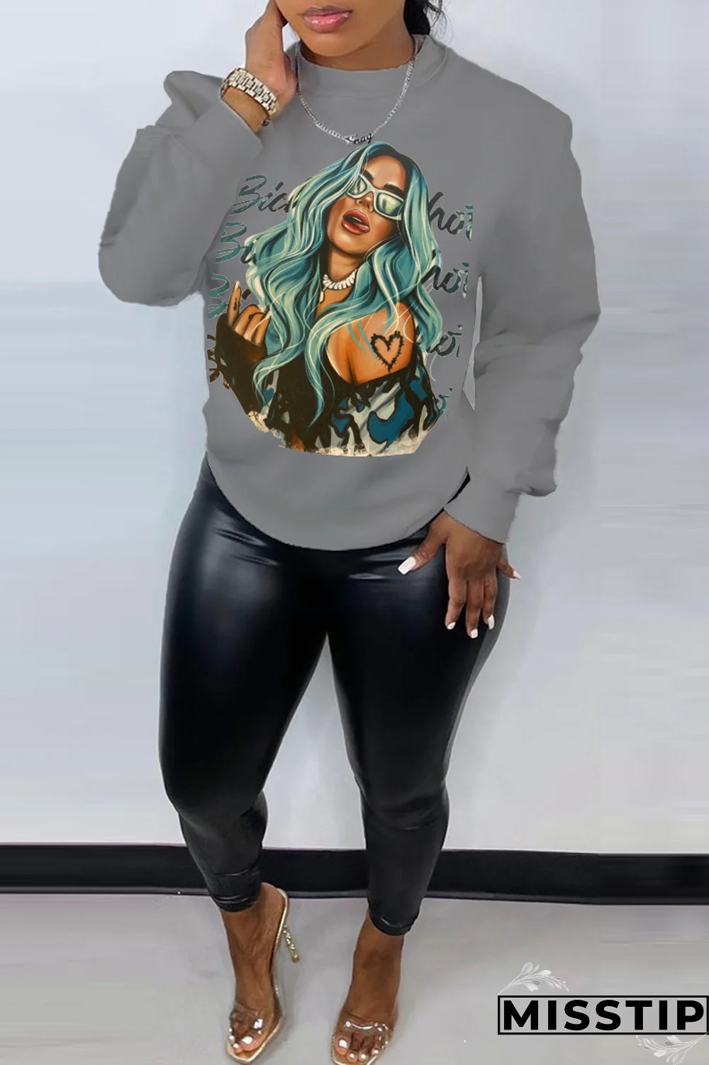 Grey Daily Celebrities Print Patchwork O Neck Tops