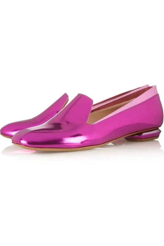 Fuchsia Mirror Leather Square Toe Low Heel Loafers for Women |FSJ Shoes