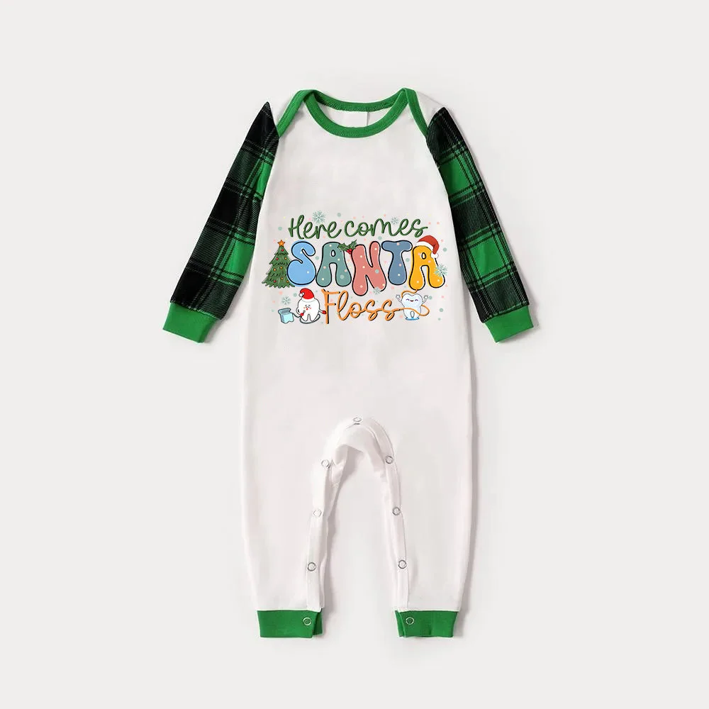 Christmas Tree and Floss Patterned and 'Here Comes Santa Floss ' Letter Print Contrast Tops and Black and Gren Plaid Pants  Family Matching Raglan Long-sleeve Pajamas Sets