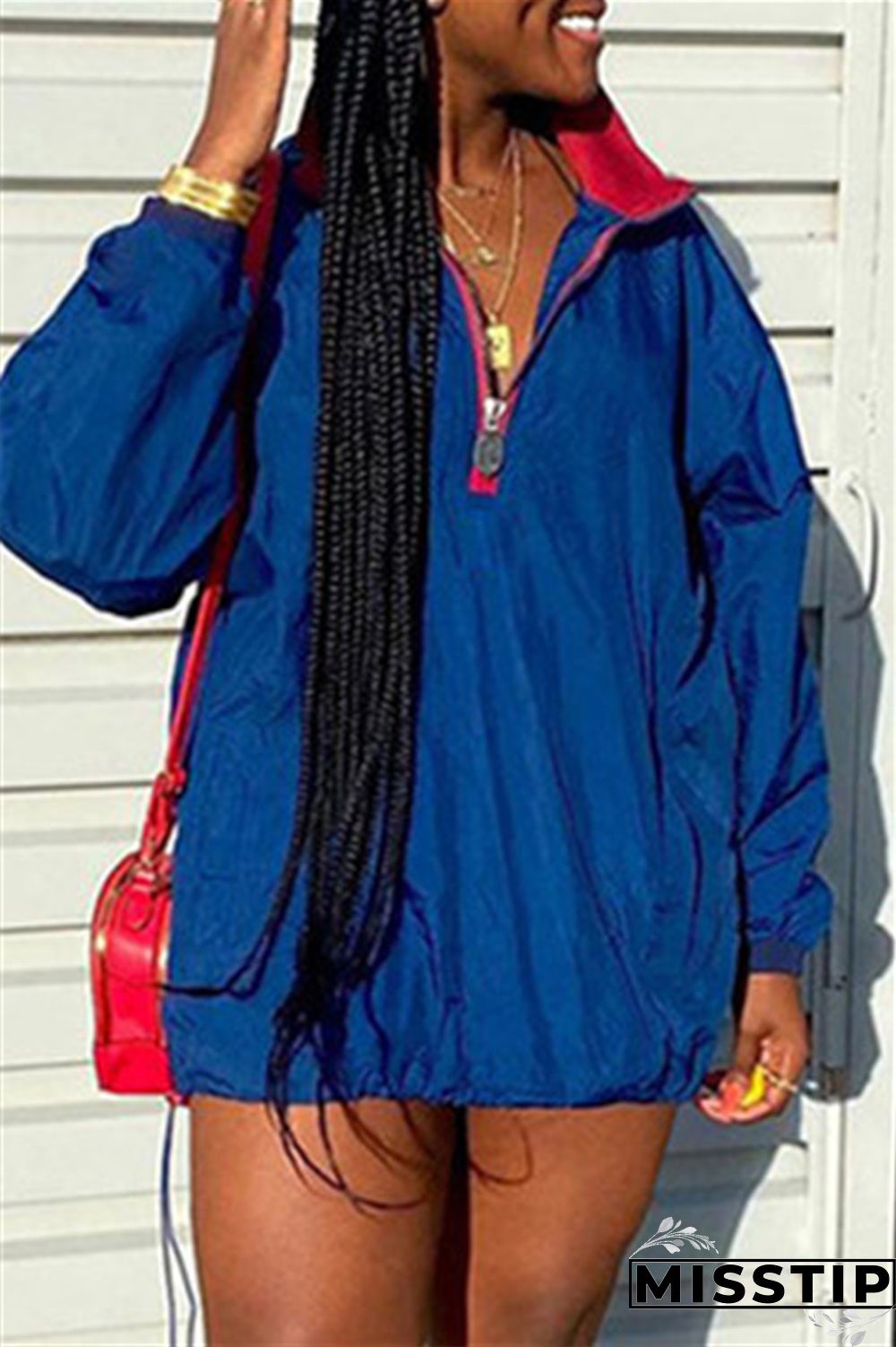 Deep Blue Fashion Casual Solid Patchwork Zipper Collar Long Sleeve Dresses