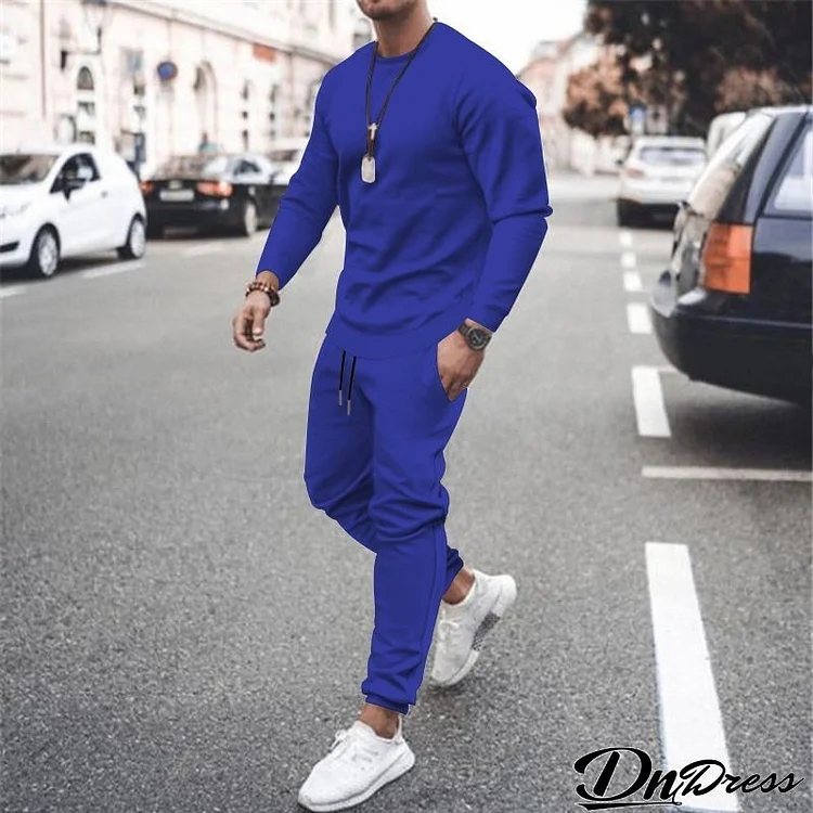 Men Casual Solid Long Sleeve Round Neck T-Shirt And Drawstring Waist Jogger Pants Two-Piece Set