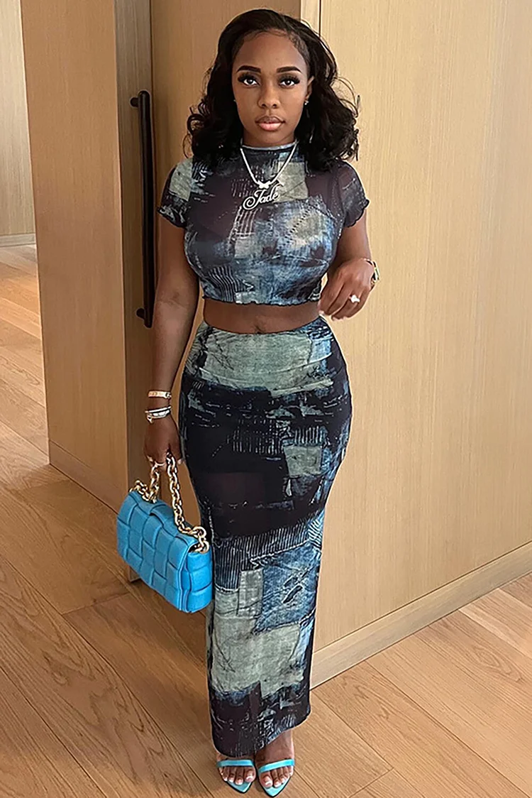 Dyeing Print Short Sleeve Crop Top Bodycon Maxi Skirt 2pcs Set-Green