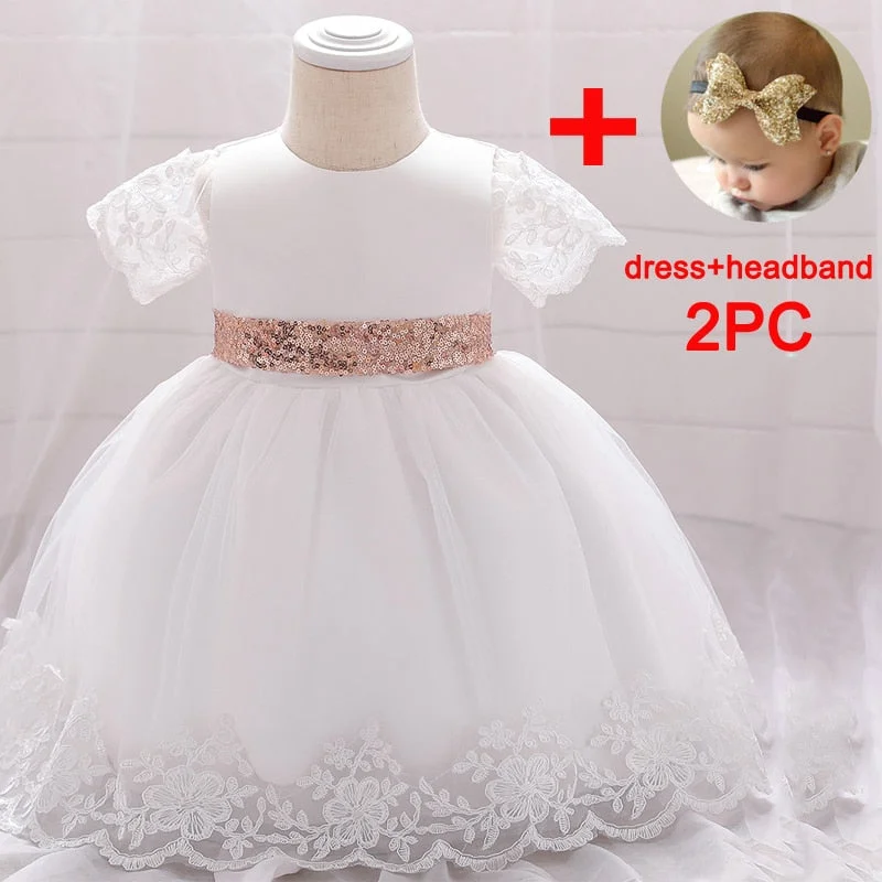 Toddler Baby Sequin Bow Girl Dress White Birthday Dress for 1 Year Baby Girl Princess Dresses Childrens Bridesmaid Baptism Dress