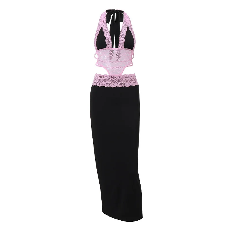 Uveng Uveng 2024 New Sexy Hot Girl Hollow Out Lace Lace Hanging Neck Jumpsuit Temperament Slit Skirt Suit