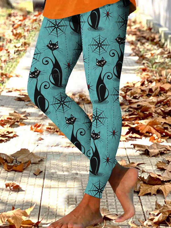 Women's Black Cat Spider Web Halloween Art Print Leggings