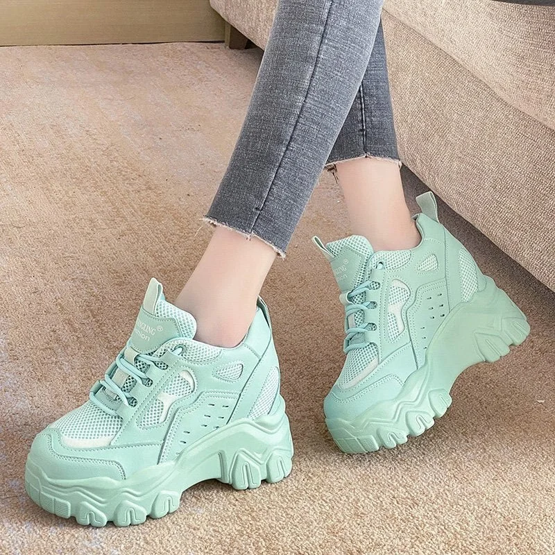 Women High Top Sneakers 2022 Spring Breathble Chunky Casual Shoes New Outdoor Thick Bottom Trend Women Vulcanized Dad Shoes 10cm