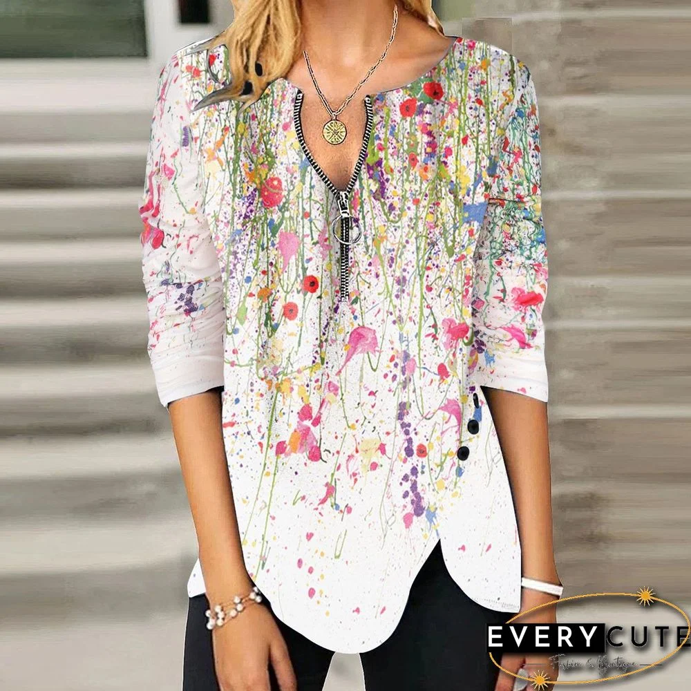 Printed Zipper Side Split Button Tops