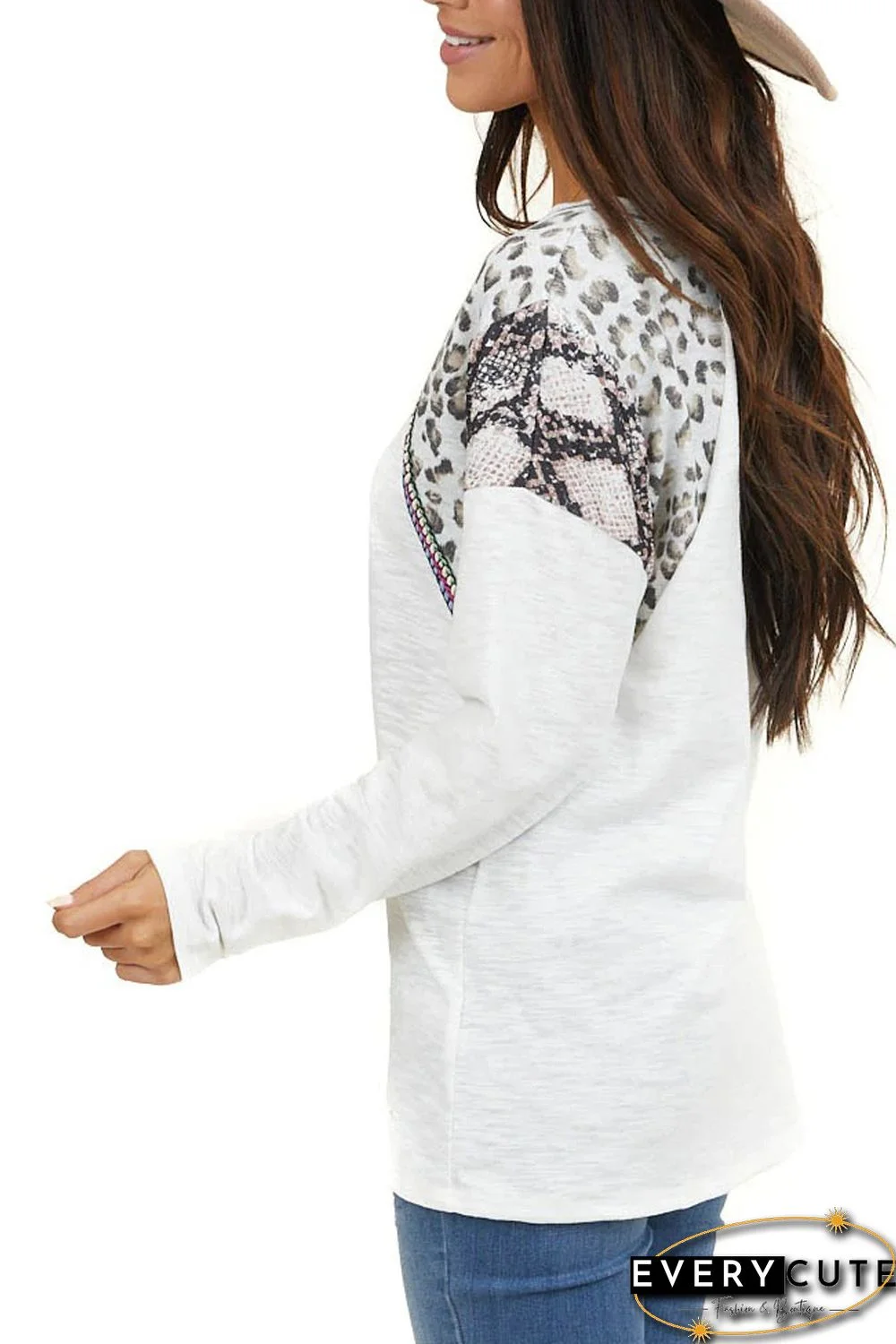 White Long Sleeve Top With Leopard Snakeskin Print