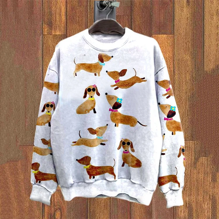 VChics Cute Dachshund Print Crew Neck Sweatshirt