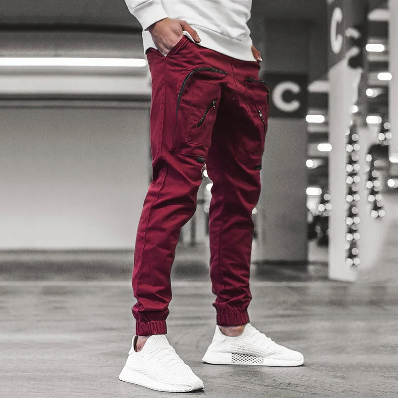 Men's workwear trousers, woven multi-pocket casual pants, drawstring pants