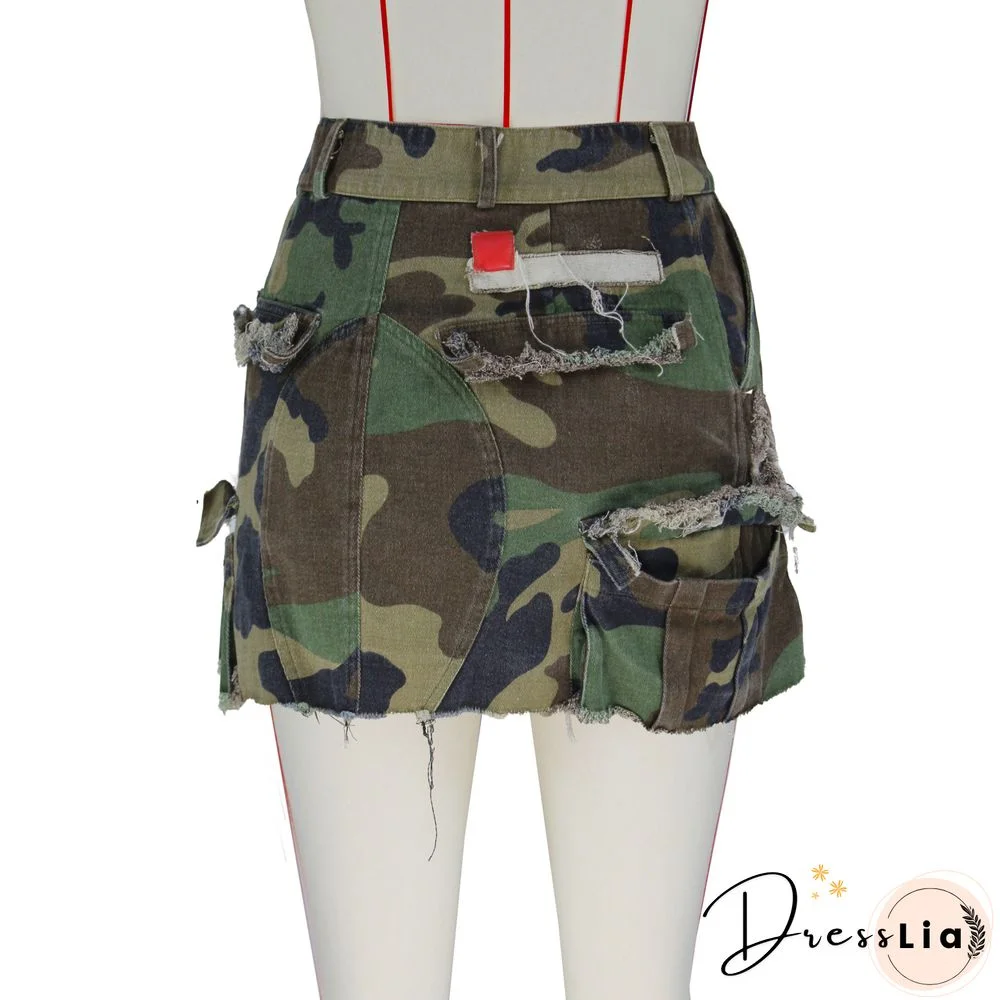 Y2K Street Camouflage Patch High Waist Denim Skirts