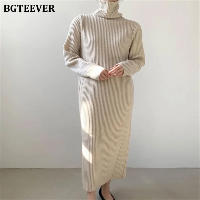 BGTEEVER Vintage Turtleneck Thicken Warm Sweater Dress for Women Loose Straight Female Knitted Dress 2021 Autumn Winter