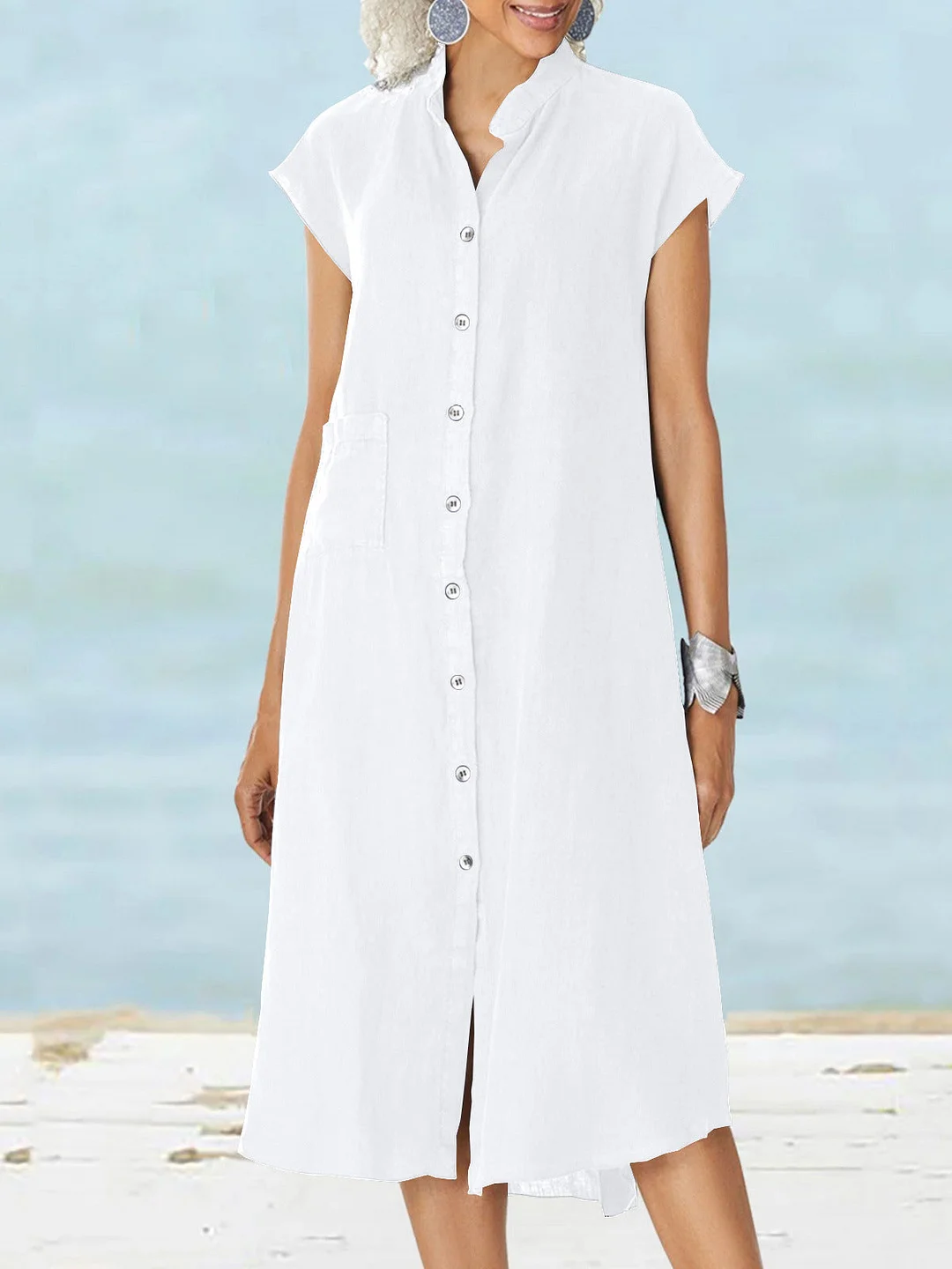 Loose V-Neck Short Sleeve Button Solid Color Linen Dress
