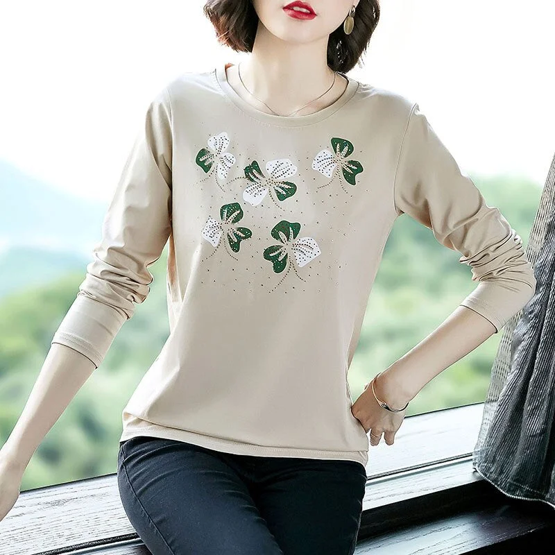 Women T shirt 2020  Casual O-neck Cotton Full Sleeve Stretch Tops Print Floral Fashion Women Basic Undershirt Perfect Pullover