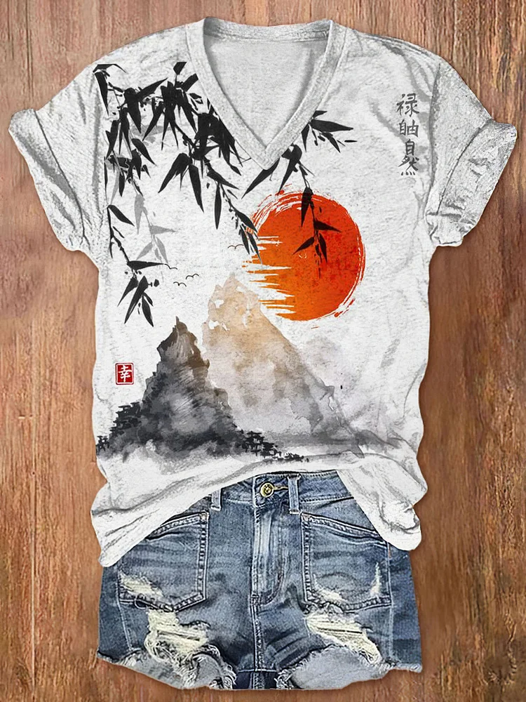 Comstylish Women's Bamboo Mount Fuji Sunrise Japanese Art Print Casual T-Shirt