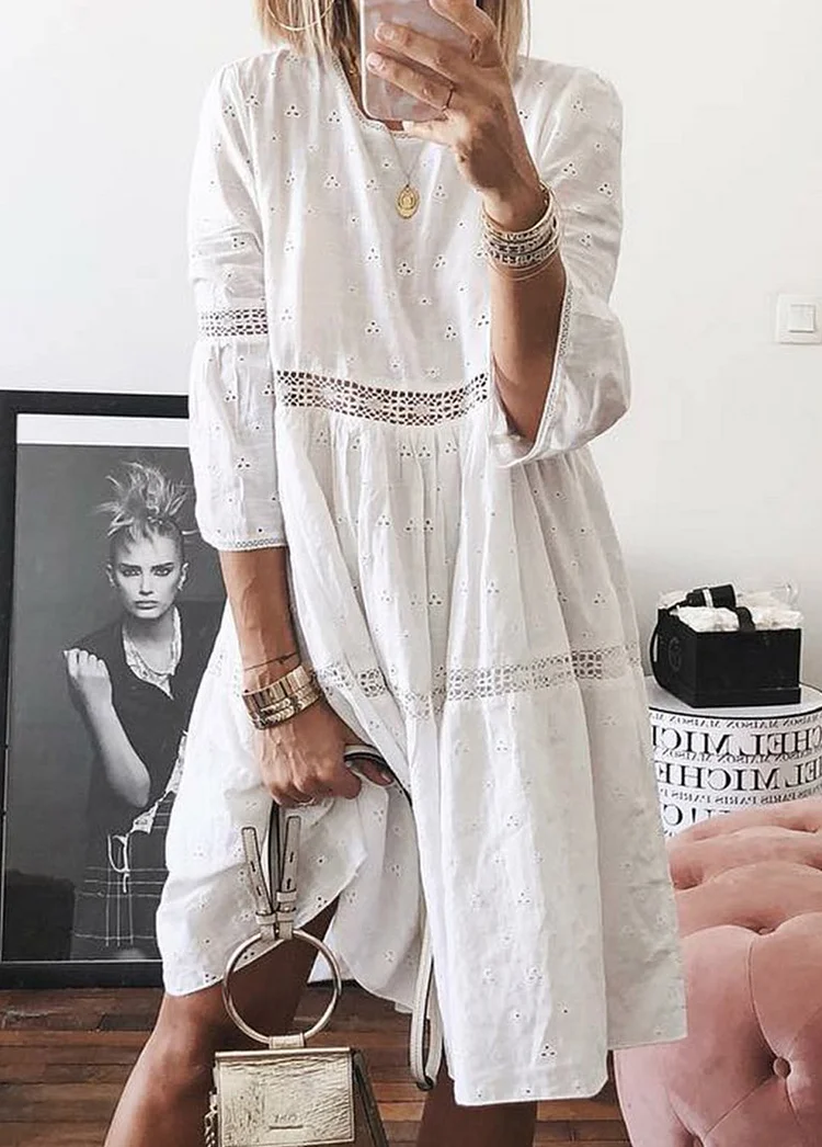  Retro Lace Crochet Embroidery Cotton Linen Dress