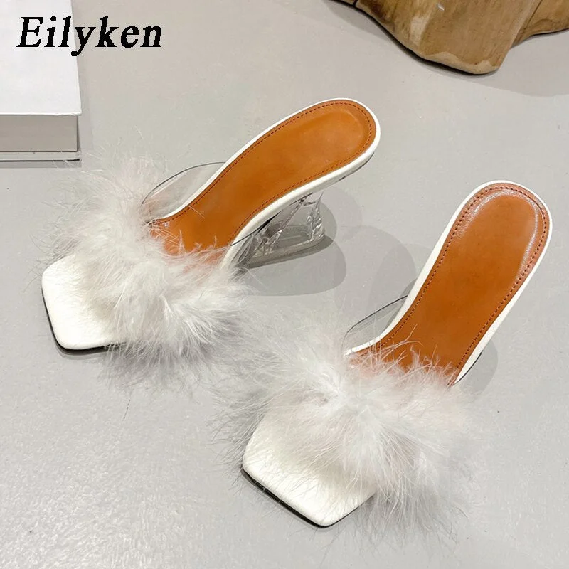 Eilyken Woman Feather Transparent Strange High heels Fur Slippers Sandals Women Peep toe Mules Lady Pumps Slides size 35-41