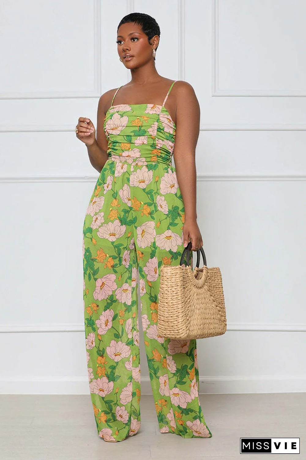 Boho Floral Print Spaghetti Strap Wide Leg Jumpsuit