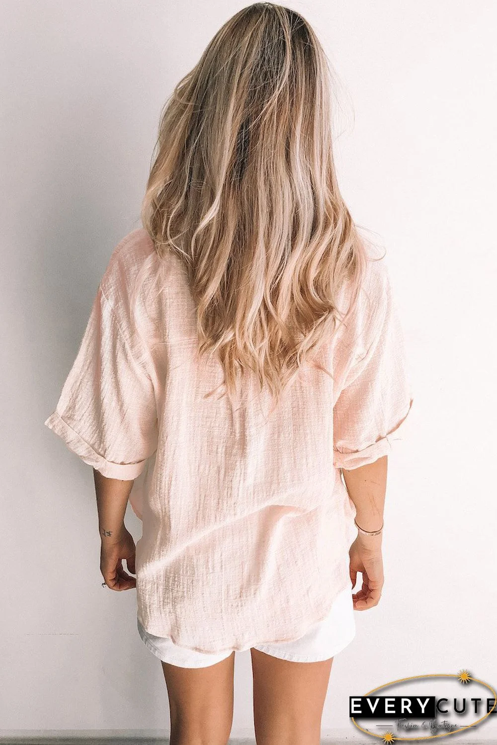 Beige Loose V Neck Button Short Sleeve Shirt