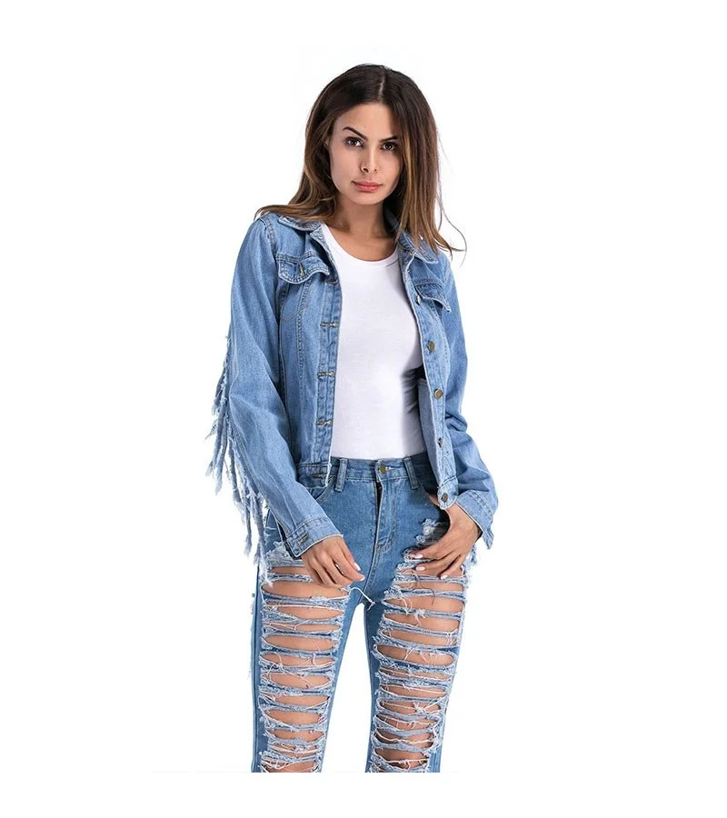Punk Style Women Unique Tassel Detailing Casual Denim Jacket