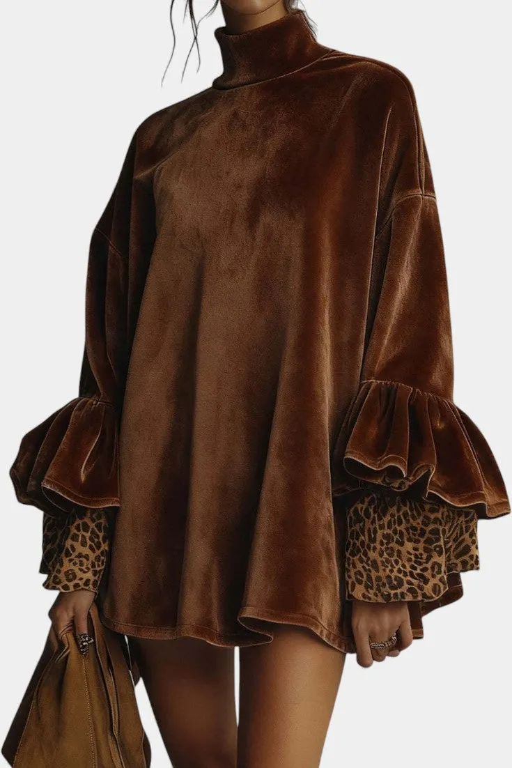 High Neck Velvet Dress with Ruffled Sleeves