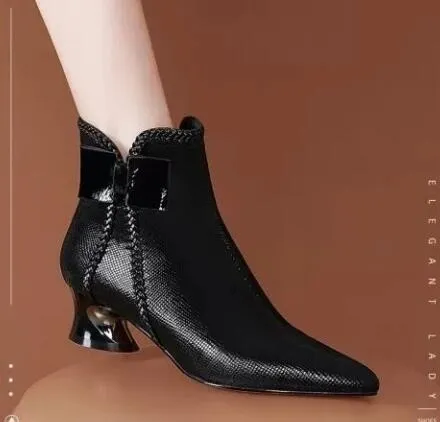 FHANCHU 2021 Microfiber Short Boots Woman,Autumn/Winter Shoes,Ankle Botas,Block Heel,Back Zip,Pointed Toe,Blue,Black,Dropship