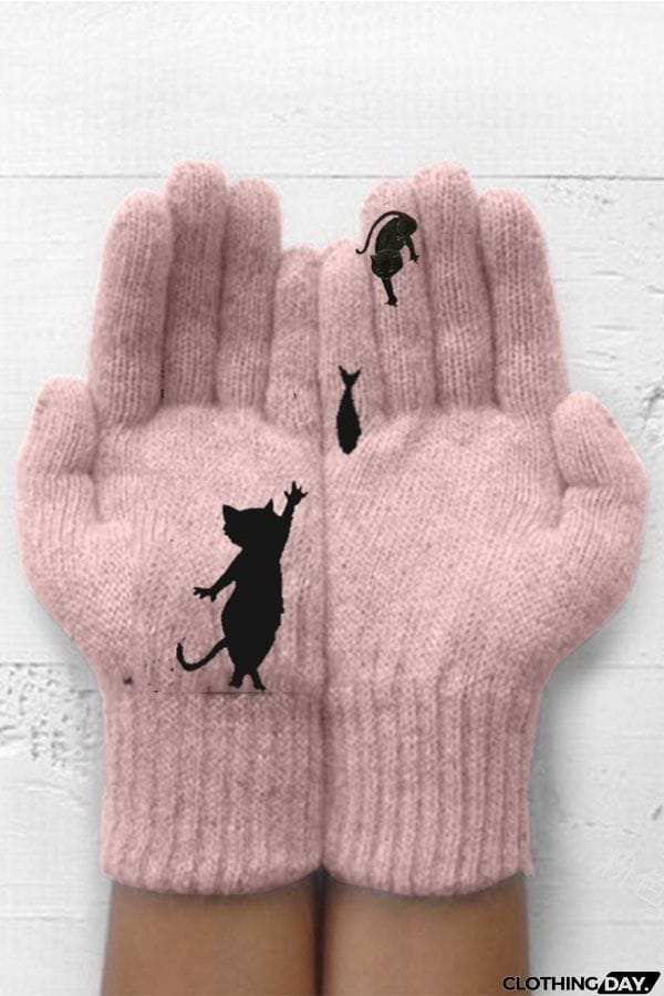 Printed Knitted Gloves Short Thickened Warm Finger Gloves-Cat