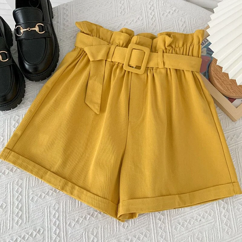 Ashgaily 2021 Fashion High Waist Women Shorts Casual Sashes Belted Solid Color Loose Shorts Pockets